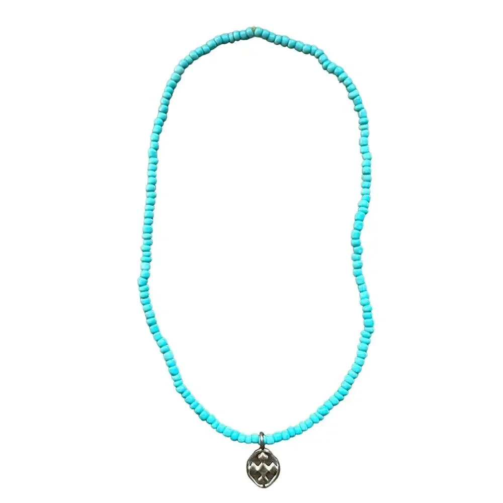 Turquoise Teal Beaded Charm Necklace with Silver Pendant Fashion Costume Jewelry